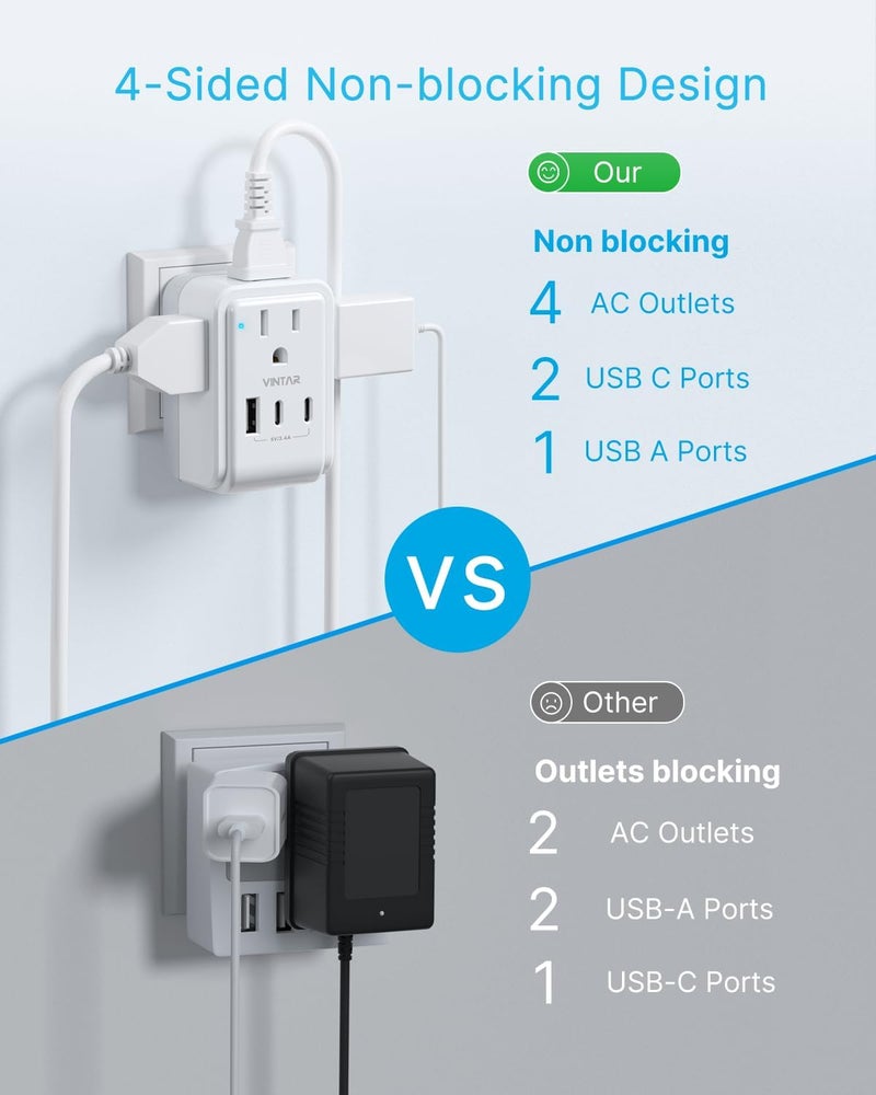 VINTAR 1 Pack US to Japan Plug Adapter, Foldable Japan Power Adapter with 4 Outlets and 3 USB Ports(2 USB C), 2 Prong to 3 Prong Outlet Adapter for USA to Japan China Canada Philippine, Type A - Image 5